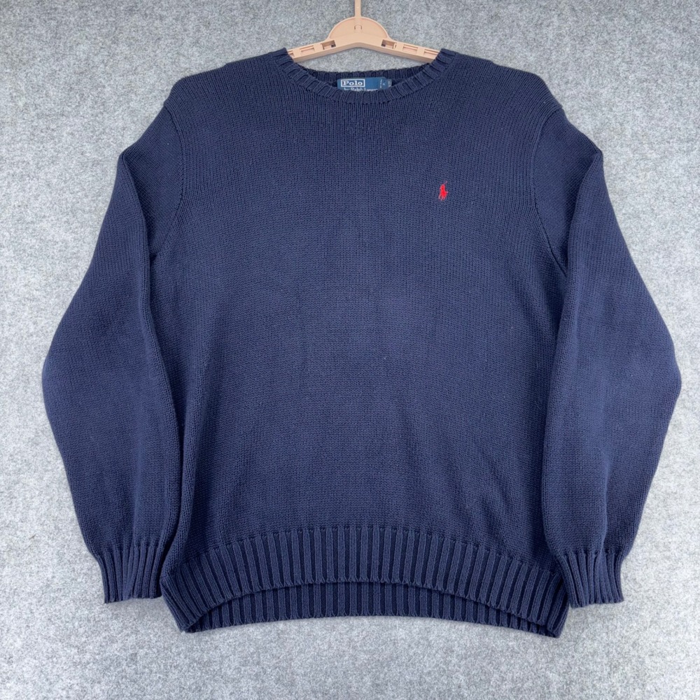 VTG Polo Ralph Lauren Men XL Navy Blue Cotton Knit Crewneck Sweater Red Pony Log